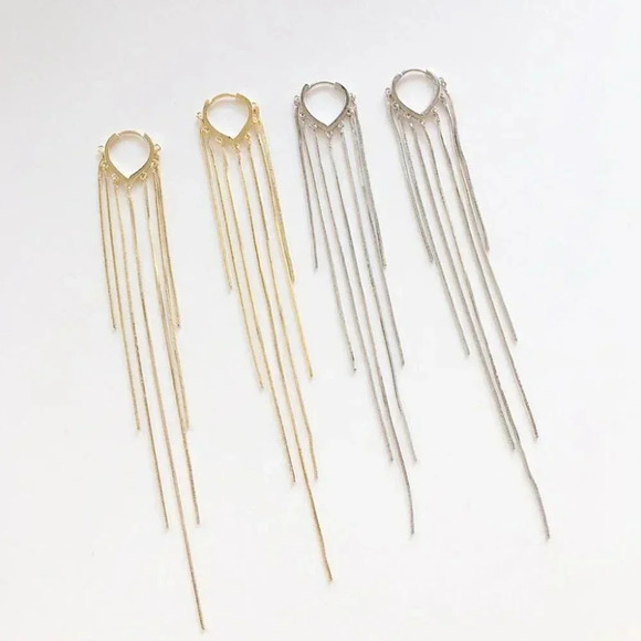 Gold Long Tassel Drop Huggie Hoop Earrings - Picture 4 of 4